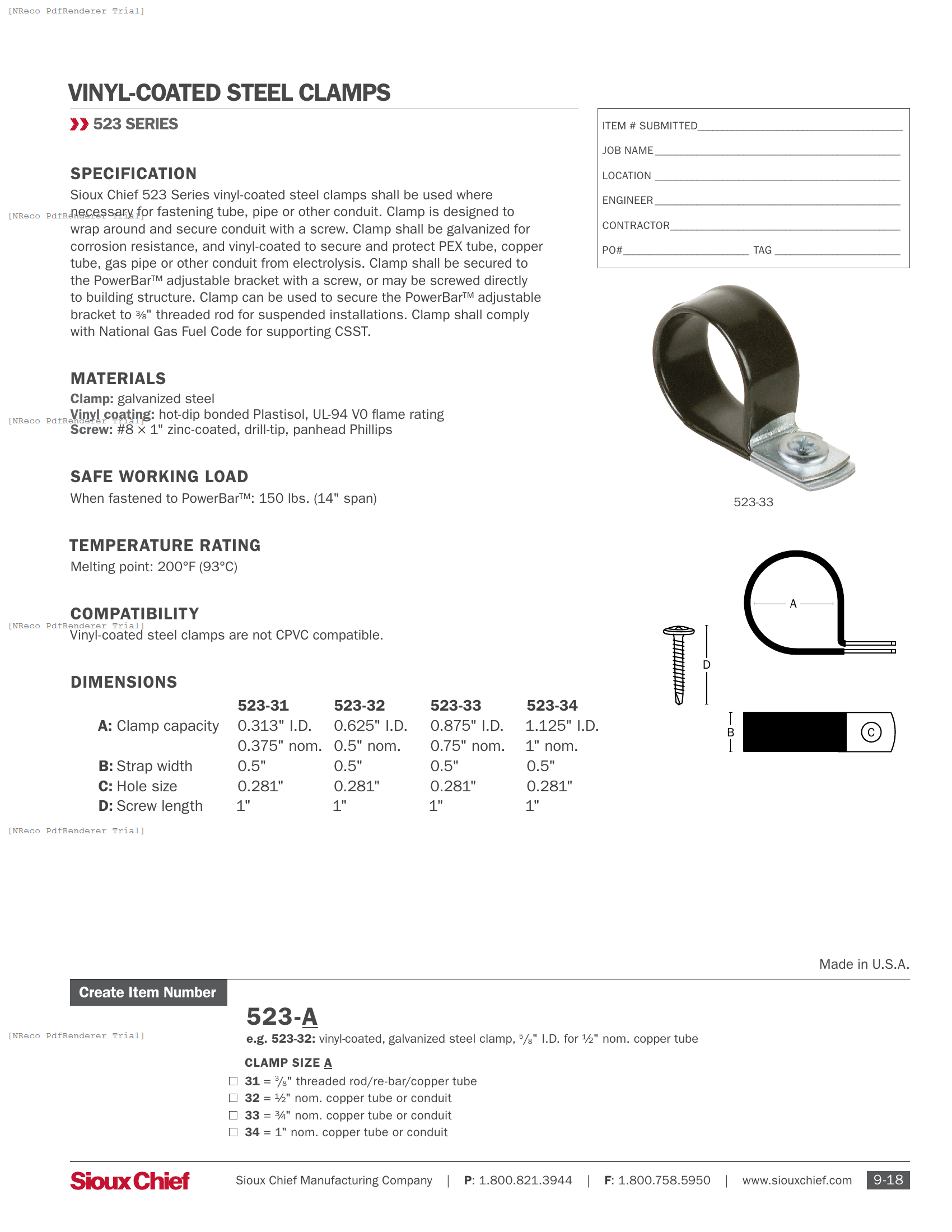 523 SERIES - VINYL-COATED STEEL CLAMPS - SPEC SHEET.PDF Specification Document